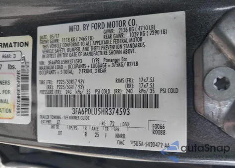 2017 Ford Fusion Hybrid Se z USA, uszkodzony, nr VIN 3FA6P0LU5HR374593